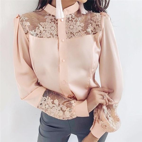 

mesh embroidery insert button up blouse long sleeve women chiffon blouse lace1, White
