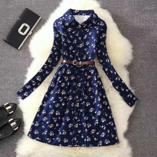 

women's spring autumn dress women's printed sashes long sleeve button turn-down collar casual sweet dress 35061, Black;gray