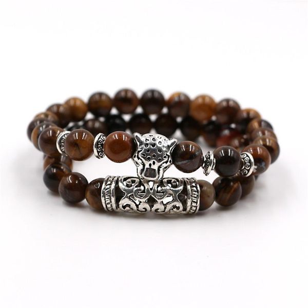

mkendn 2pcs/set silver plated leopar head charm lava onyx turquoises natural stone beads bracelet set pack for men women sqctdn