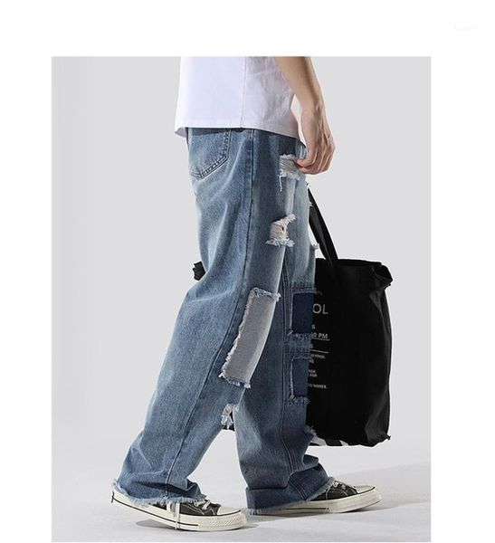 

2020 new spring and autumn men's jeans loose straight-leg ripped pants fashion patchwork jeans1, Blue
