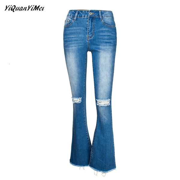 

wide leg pants flares ripped jeans for women skinny jeans woman denim womens hole jean pants vaqueros mujer, Blue