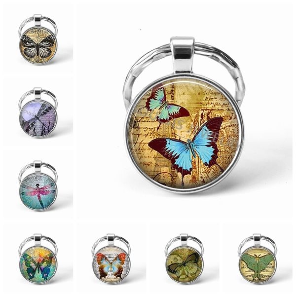 

blue butterflies keychain blue butterflies cabochon glass keyring butterfly jewelry butterfly key chain ring, Slivery;golden