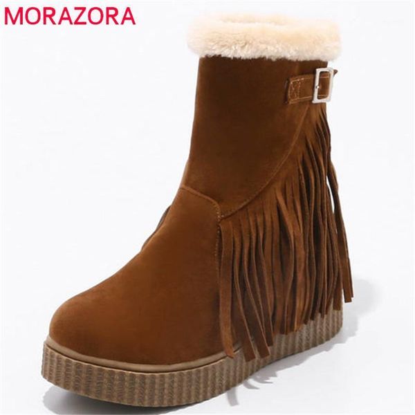 

boots morazora 2021 winter snow women round toe flock warm flat shoes woman slip on simple ankle female1, Black