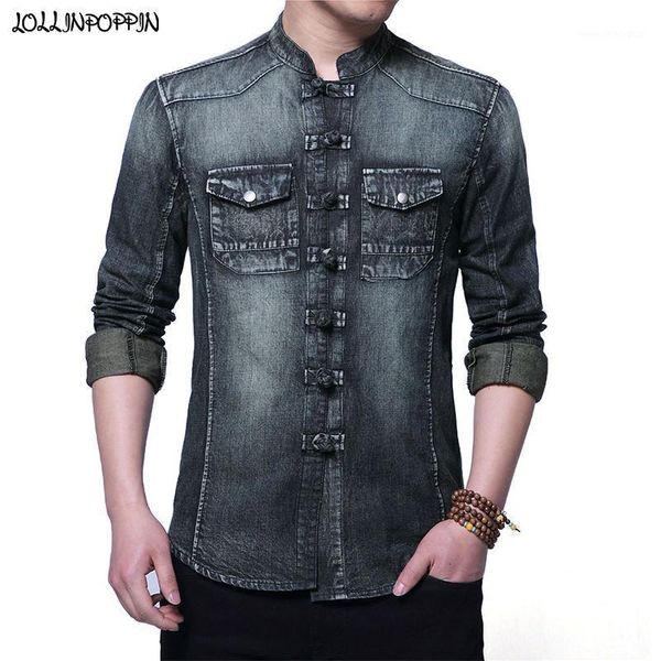 

men's jackets chinese style men denim jacket frog closures single breasted mandarin collar jean chest flap pockets retro coat1, Black;brown
