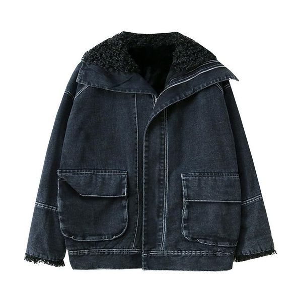 

2020 women's winter new black big pockets plus velvet denim coat female lamb hair thick loose mid-length cotton coat women q338