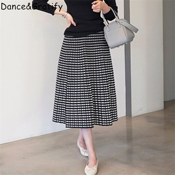 

winter autumn knit skirts large size ladies' fat mm thick grid knitted skirts joker micro fat big tall waist long pleated skirt q1209, Black