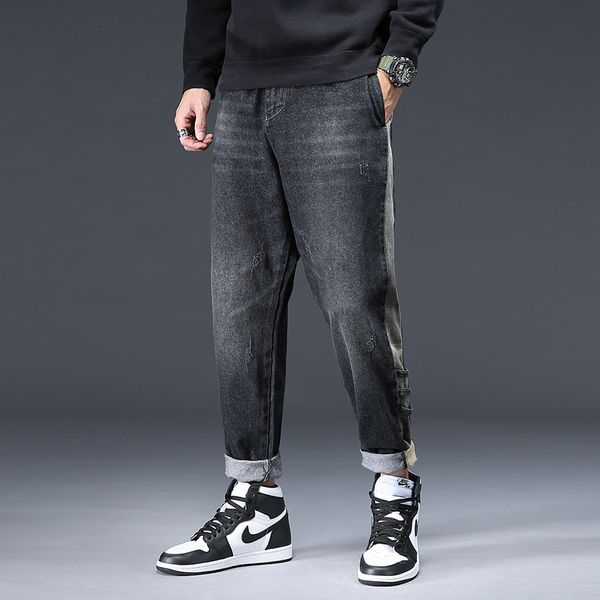 

small straight jeans men's fashion brand autumn and winter thickened casual pants korean trend, Blue