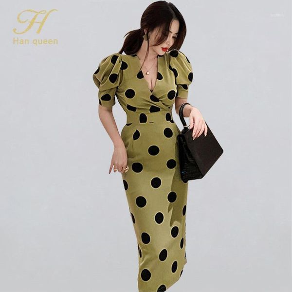 

h han queen elegant occupation dot v-neck pencil dress women slim sheath bodycon dresses wear to work summer vestidos korean1, Black;gray