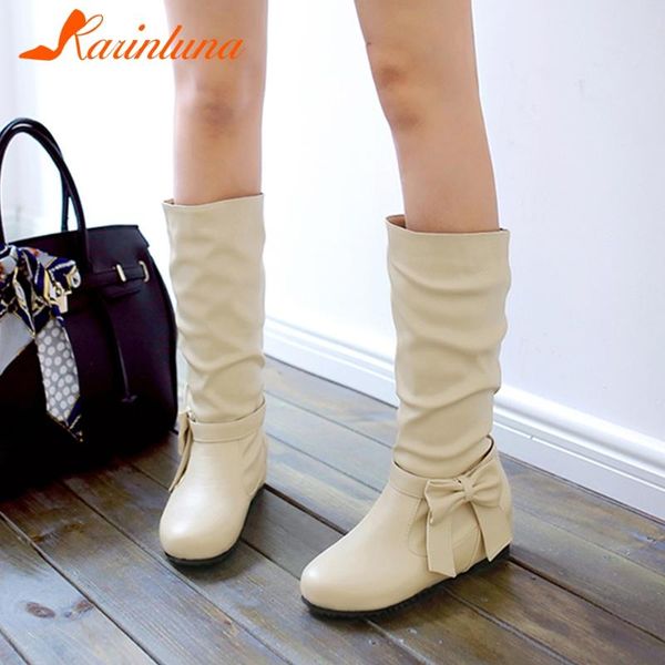 

boots karin 2021 fashion design shoes lady women flat with round toe slip-on butterfly-knot pleated mid-calf boot sweet girls, Black