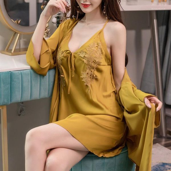 

women's sleepwear women's pajamas embroidered lace princess with chest pad ice silk slip nightdress nightgown two-piece set1, Black;red