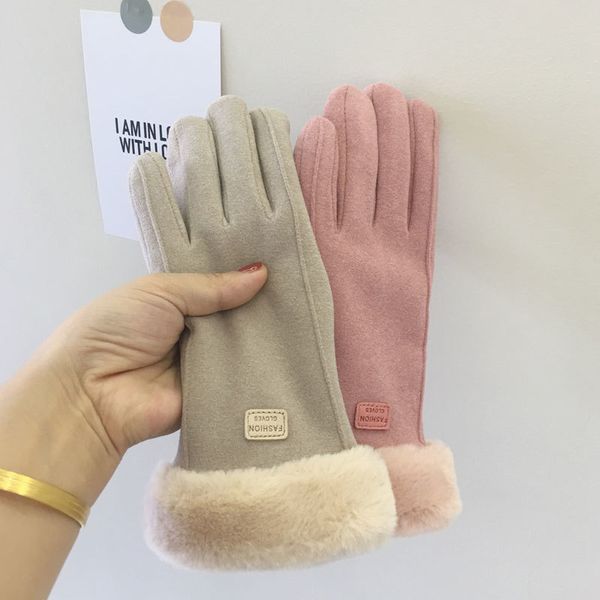 

autumn winter tiannv korean version ins cute cycling plush warm and cold proof thickened touch screen five finger gloves riding