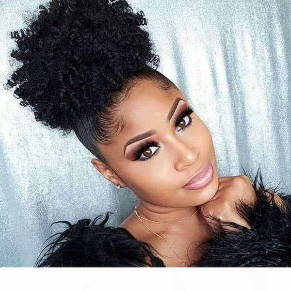 

human hair afro drawstring ponytail short kinky curly hair bun extension donut chignon hairpieces 120g updo hair extensions with two clips, Black