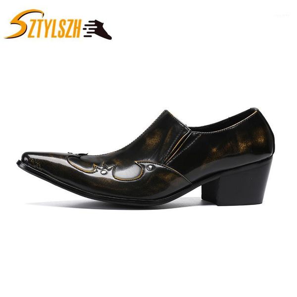 

high heel men shoes pointed toe leather dress shoes slip-on classic retro bronze business formal men business party1, Black