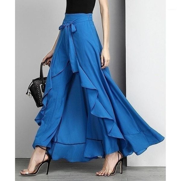 

women chiffon knot tie waist ruffle pants pure color long skirts style elegant wide leg pants plus size1, Black;white
