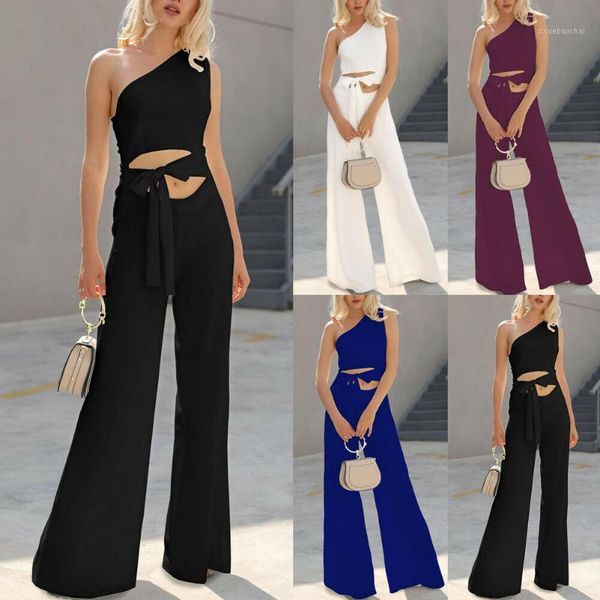 

women fashion elegant jumpsuit off one shoulder ruffle high waist bow tie wide leg trousers palazzo jumpsuits rompers solid1, Black;white