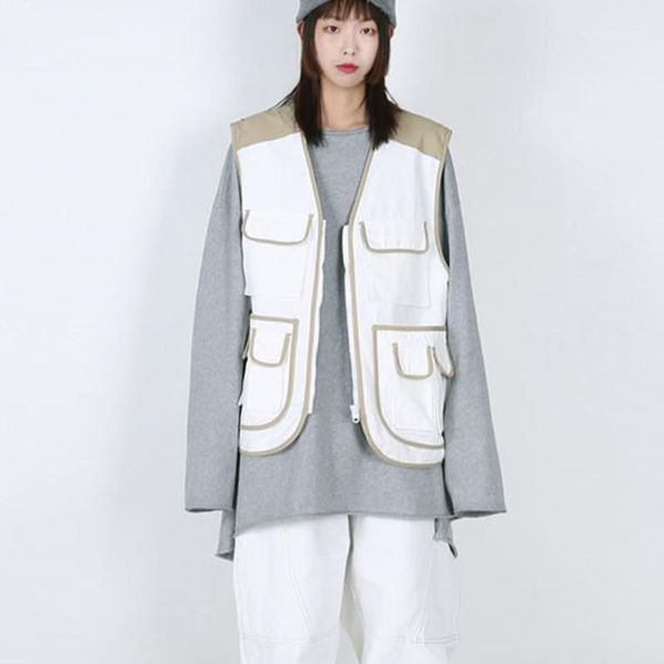 

women's vests loose multi-pocket open stitching vest fashion women 2021 spring elegant sleeveless goddess fan casual style dmy32971, Black;white