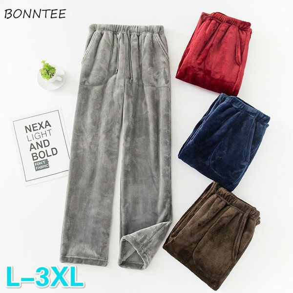 

men's sleepwear men sleep bottoms plus size 3xl flannel simple solid all-match drawstring homewear male fluffy straight elastic waist c, Black;brown