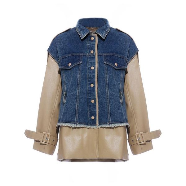 

women's jackets loose fit denim leather split big size jacket lapel long sleeve women coat fashion spring autumn, Black;brown