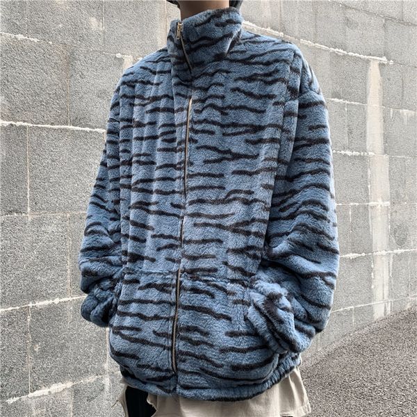 

2021 new striped zebra turtleneck blue-street-style male woolen jacket plus size thick outerwear winter fozr, Black;brown