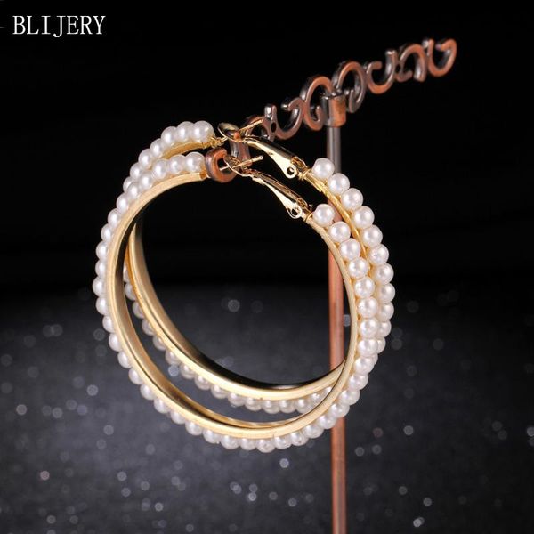 

hoop & huggie blijery elegant gold color pearl beaded earrings statement big circle for women punk jewelry boucles d'oreilles, Golden;silver