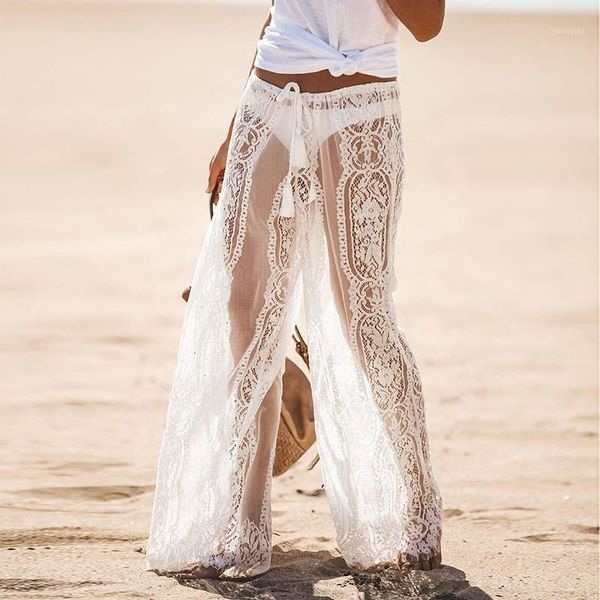 

new hollow out cover ups women pants casual loose solid women beach mesh sheer bikini cover up swimwear bathing pants1, White;black