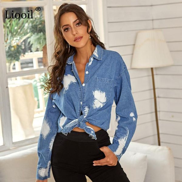 

liooil casual tie dye denim blouses women 2020 button up long sleeve turn-down collar with pockets female blue print shirts, White