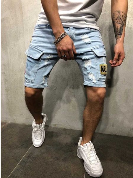 

2021 summer fashion ripped embroidery men's stretch short jeans elastic denim multi-pocket cargo jean shorts, Blue