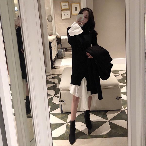 

2021 new full sleeve long trumpet black women midi fairy korean one-piece dress lady casual party design robe cna9, Black;gray