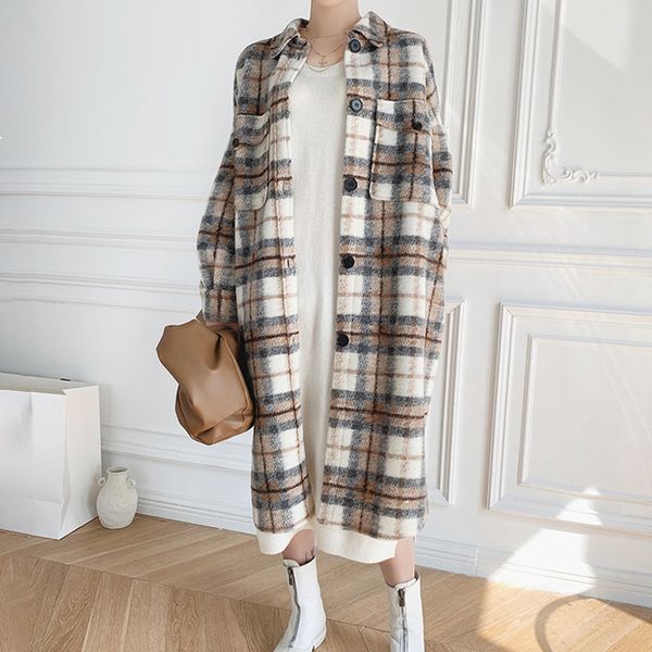 

2021 new feminino inverno nova camisa xadrez gola solto tecido de l longa lapela nico breasted moda feminina jaqueta y68 z7cx, Black