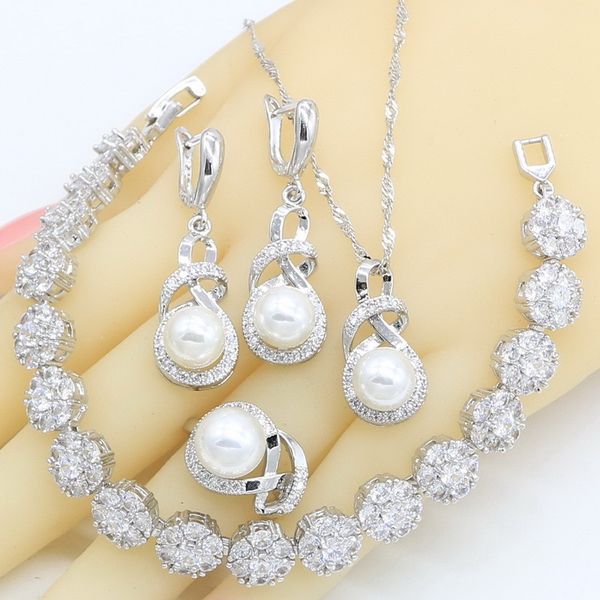 

silver color white pearl jewelry sets for women birthday earrings rings necklace pendant zircon bracelet 201222, Slivery;crystal