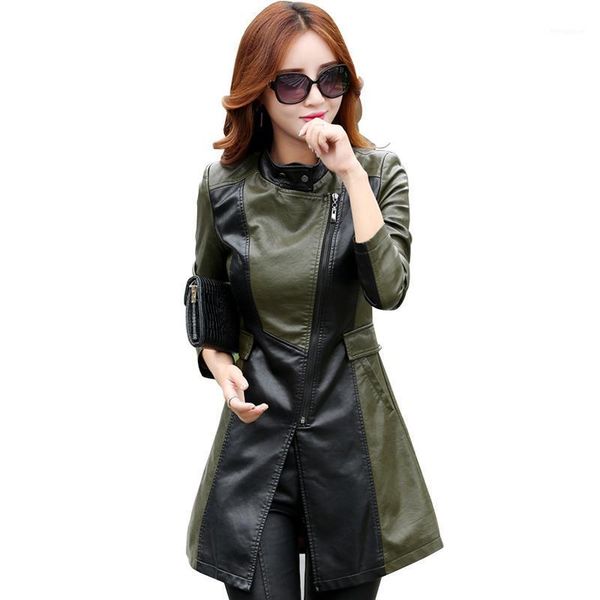 

autumn and winter new fashion slim slimming pu leather women's long section large size wild women's leather jacket1, Black