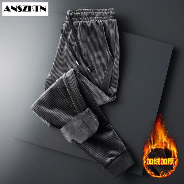 

anszktn quality cashmere брюки мужчины зима плюс бархат густые теплые мужские вельверы брюки свободные прямые штаны, Black