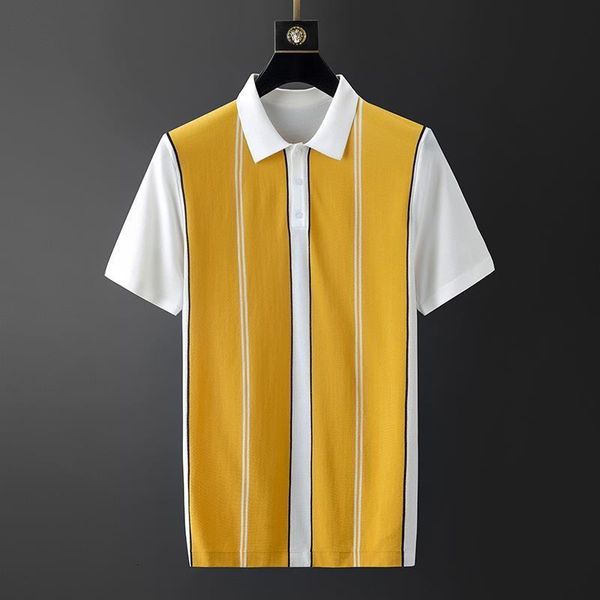 

brand men polo shirt male summer striped knitted polo sweater pullover male trun-down collar breathable yellow grey, White;black