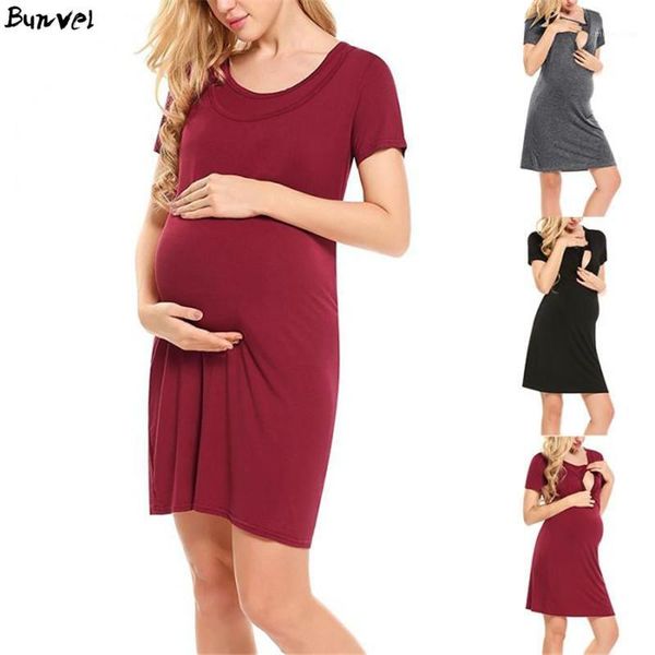 

bunvel breastfeeding dress short sleeve solid color maternity dress o neck women's pregnancy nursing clothes summer vestidos1, White