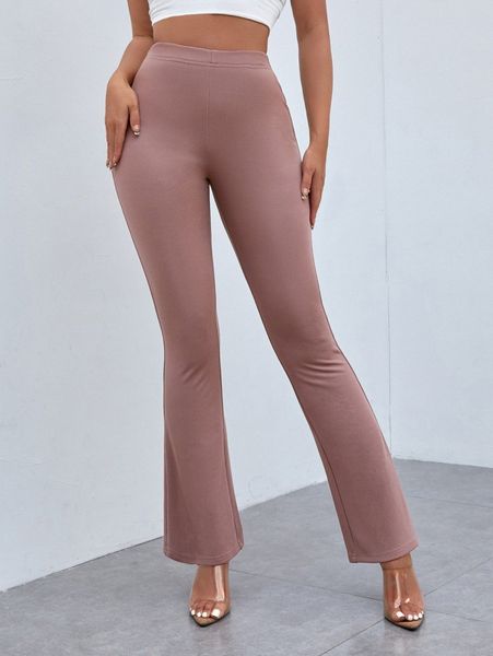 

petite solid high waist flare leg pants q4h4#, Black;white