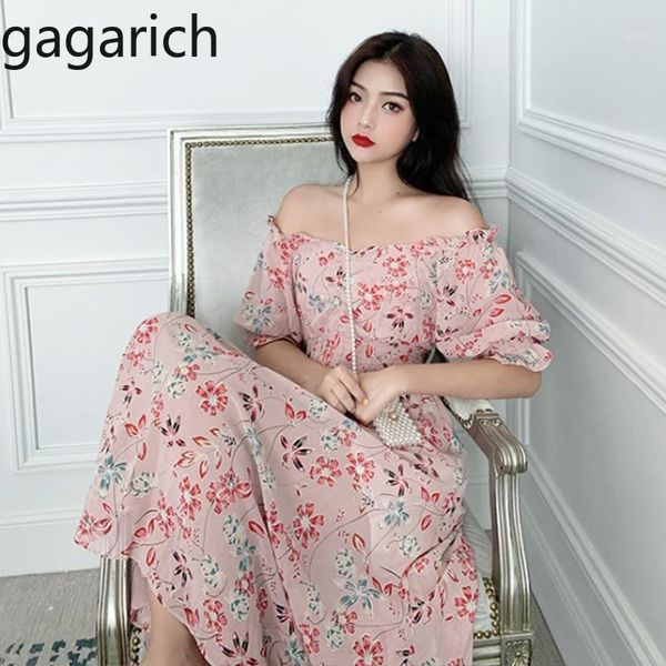 

gagarich women pink dress retro puff sleeve slash neck spring summer elegant chiffon slim fairy long vestidos1, Black;gray