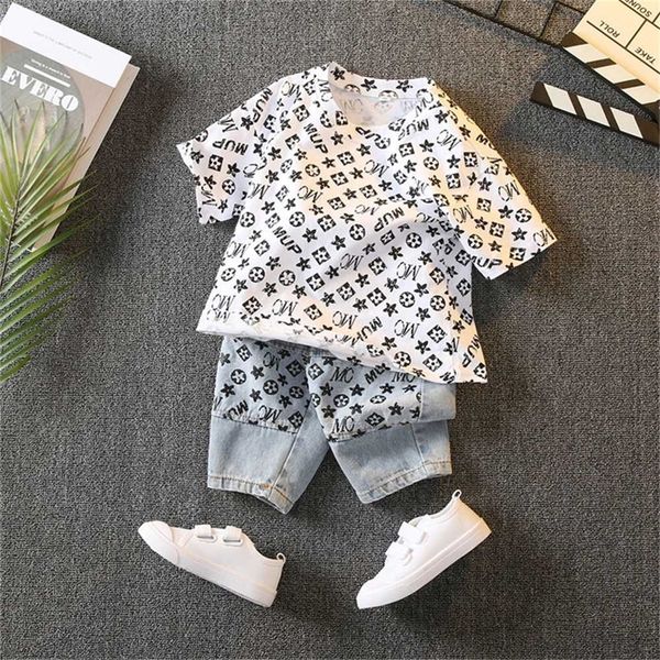 

6sets/dhl/ups/fedex kid boys short sleeve t shirt + jean short pants set 2 piece fashion outfits 2022 summer children boutique shorts cloth, White