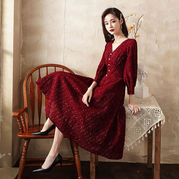 

women's tracksuits wine red dress women 2021 autumn long sleeve usually wear bridal toast engagement back door, Gray