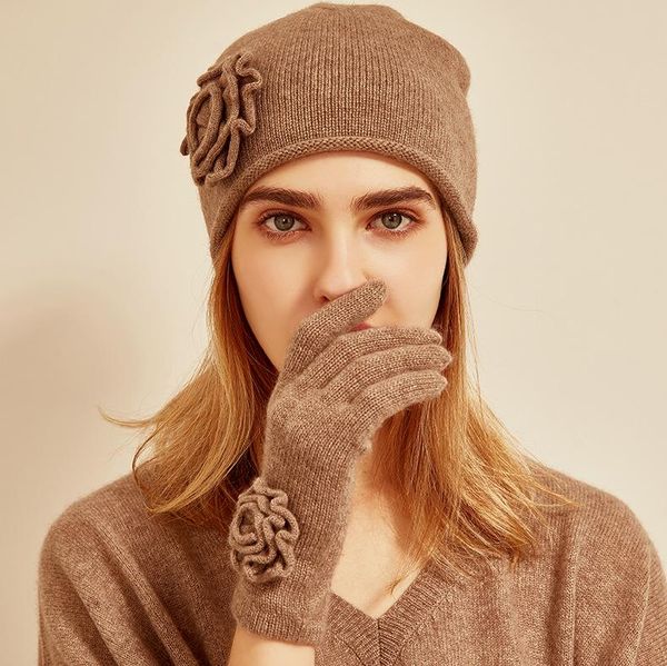

100% cashmere women's gloves hat autumn winter new version hand hook flowers knitted cashmere two-piece fashion set, Blue;gray
