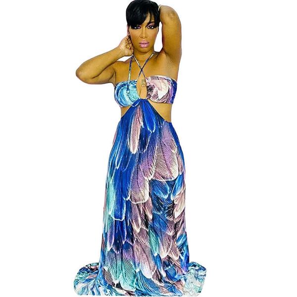 

2020 women's style suspender fake two pieces of chest wrap and leakage back blue printed long skirt, Black;gray