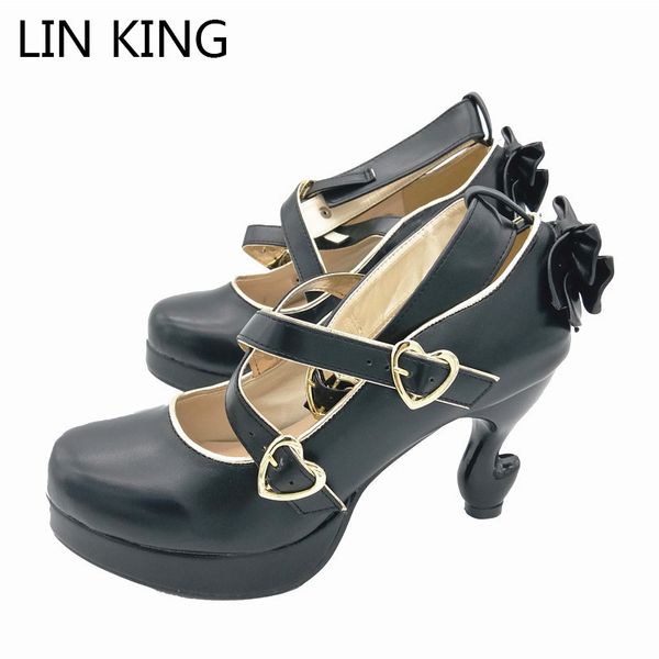 Lin rei design estranho saltos lolita sapatos cosplay bowtie bandage fivela talhas mulheres bombas plataforma de salto alto sapatos de empregada sexy y1215