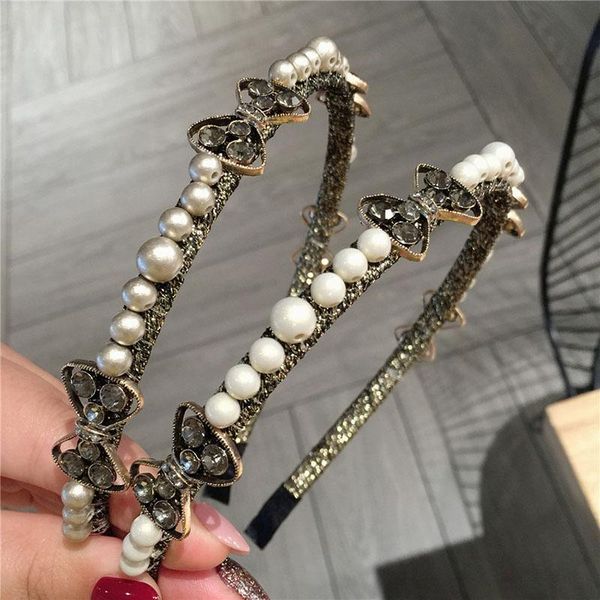 

korea bow rhinestone pearl hairband vintage coffee beige girls headband women elegant vintage court hair accessories headwear