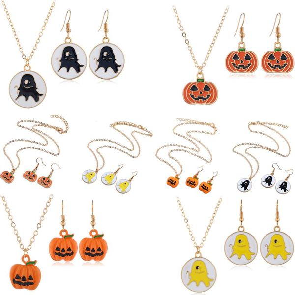 

pendant necklaces 1set family friends kids gifts halloween necklace charm pumpkin skull ghost circle women girls chain party jewelry, Silver