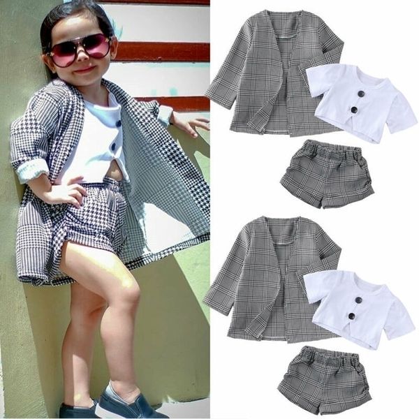 

winter warm fashion baby girls cloth kids plaid short sleeve shorts coat jacket formal outfit clothes 3pcs costume y200325, White