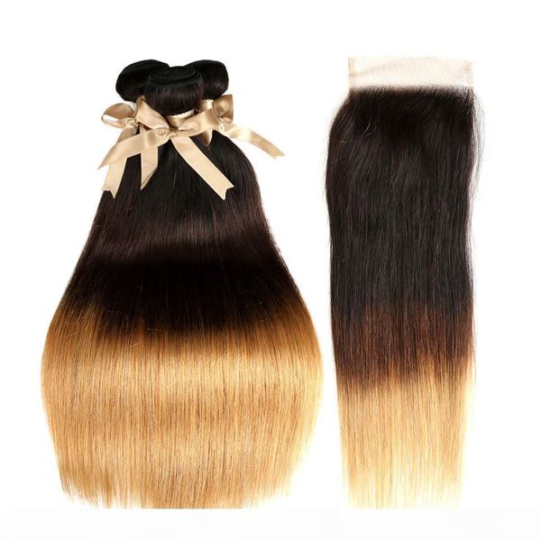 

straight ombre hair weft 3 bundles with 4x4 closure ombre hair extension straight human hair bundle with lace closure t1b 4 27, Black;brown
