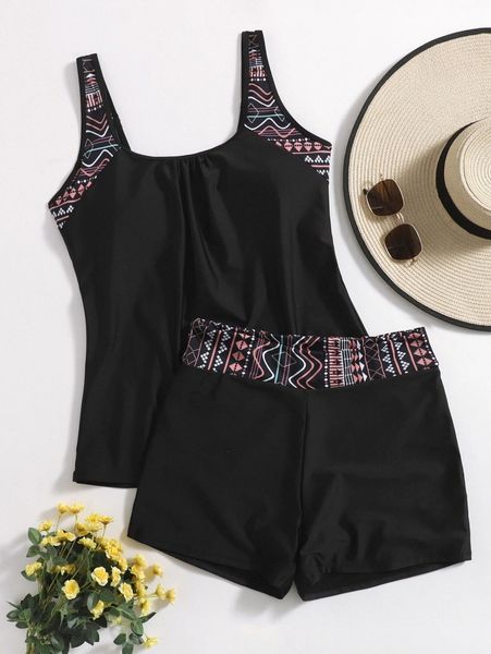 

plus geometric print bikini swimsuit e56k#, Black