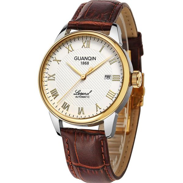 

guanqin automatic mechanical mens watches business wristwatch leather clock relogio masculino, Slivery;brown