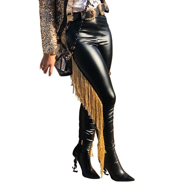 

2021 high waist pu leather pants women trousers tassel push up skinny pencil pants ladies streetwear gothic party pantalon femme, Black;white