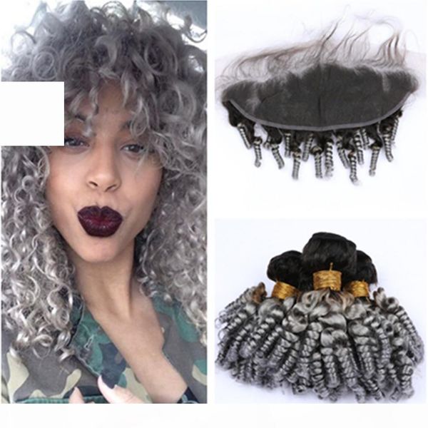 

bouncy curly ombre silver gray indian virgin human hair weaves with frontal #1b grey ombre funmi hair bundles with 13x4 lace frontal closure, Black;brown
