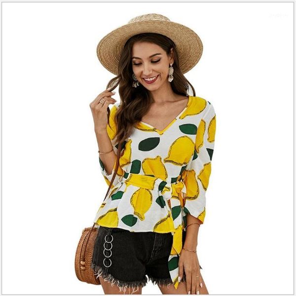 

fashion women blouse printed 3/4 sleeve blouse shirt new 2020 summer ladies v neck office work shirts blusa mujer r6761, White